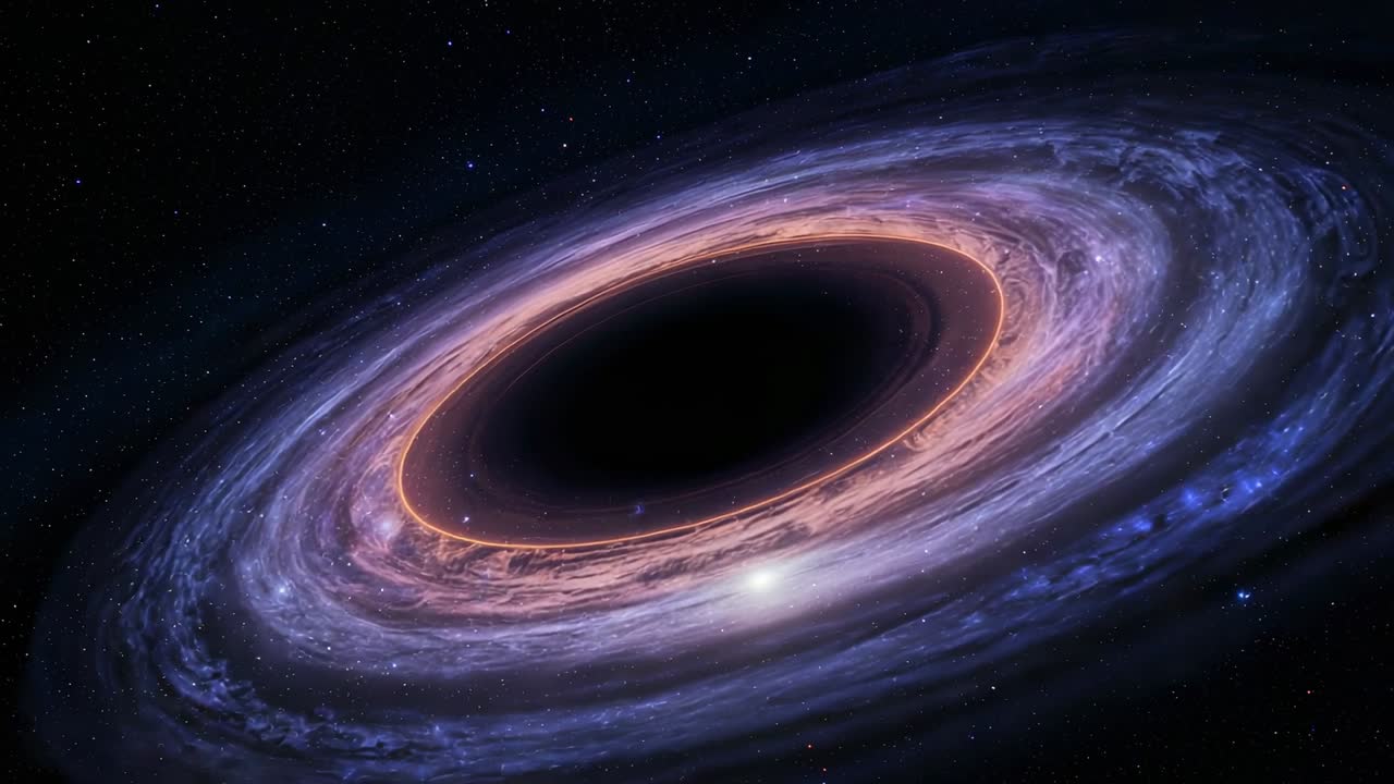Pulling glowing accretion disk orbiting supermassive black hole in space, as camera zooming inward