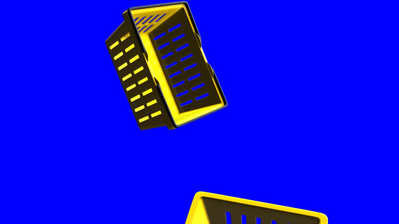 파란색 크로마 키 배경에 노란색 플라스틱 쇼핑 바구니.