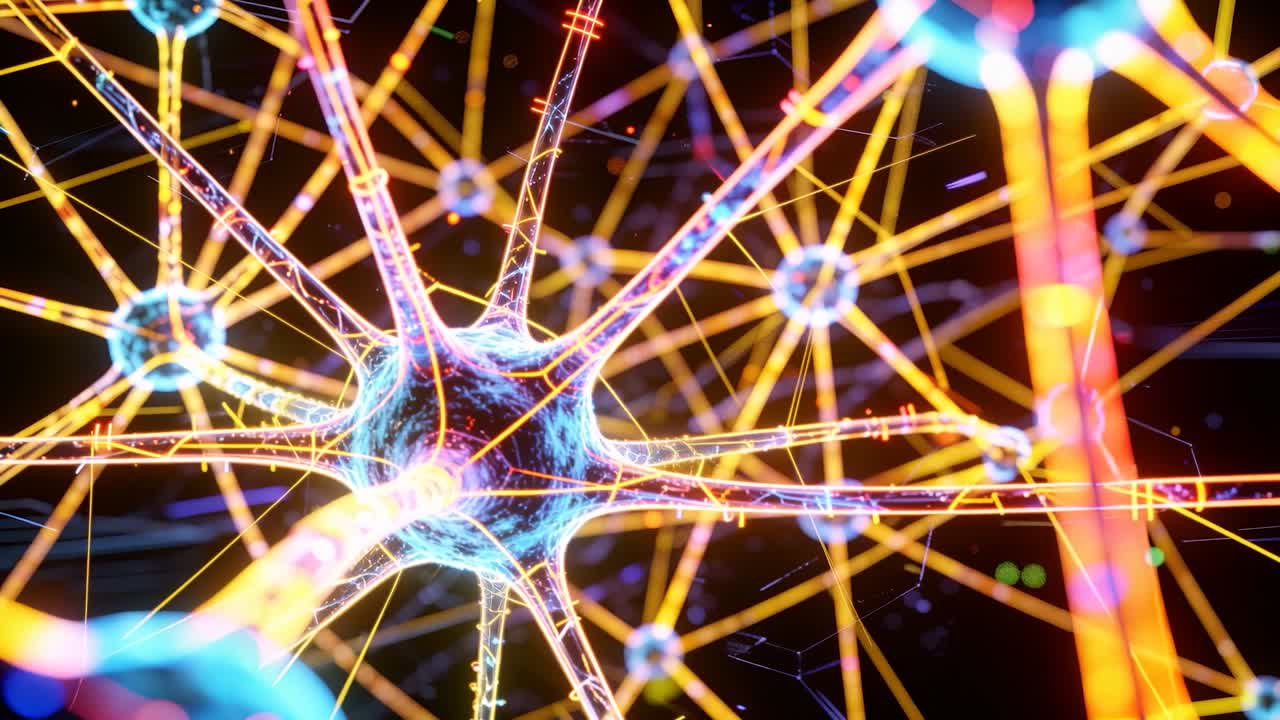 Zooming camera revealing large neuron soma in digital microscopic network, filaments pulsing