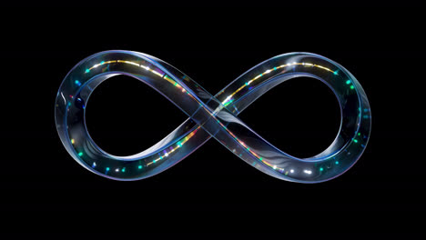 símbolo de infinito de vidrio con neón en animación en bucle con canal alfa