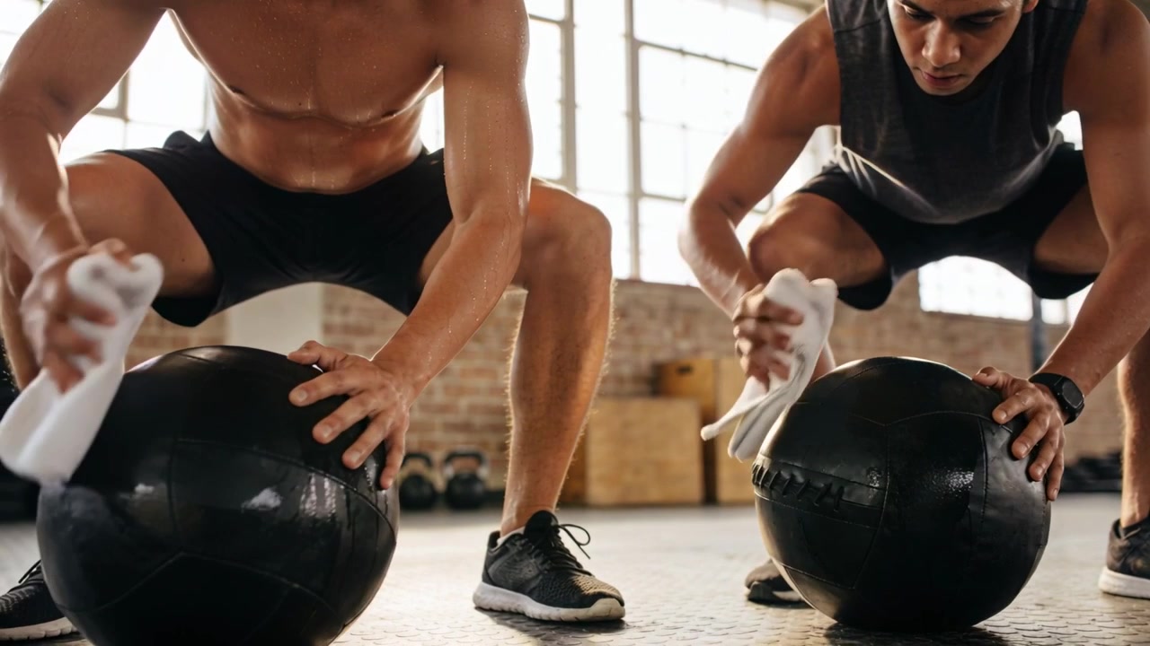 Torkar av efter ett set, män utan tröja och i grå topp skrubbar medicinbollar med handdukar på gymmet