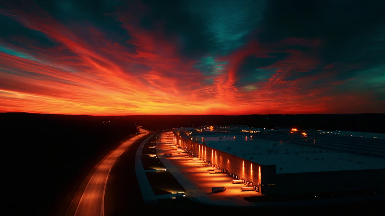A breathtaking sunset casts a vivid glow over an expansive warehouse, illuminating the intricate architecture and creating a stunning contrast against the night sky