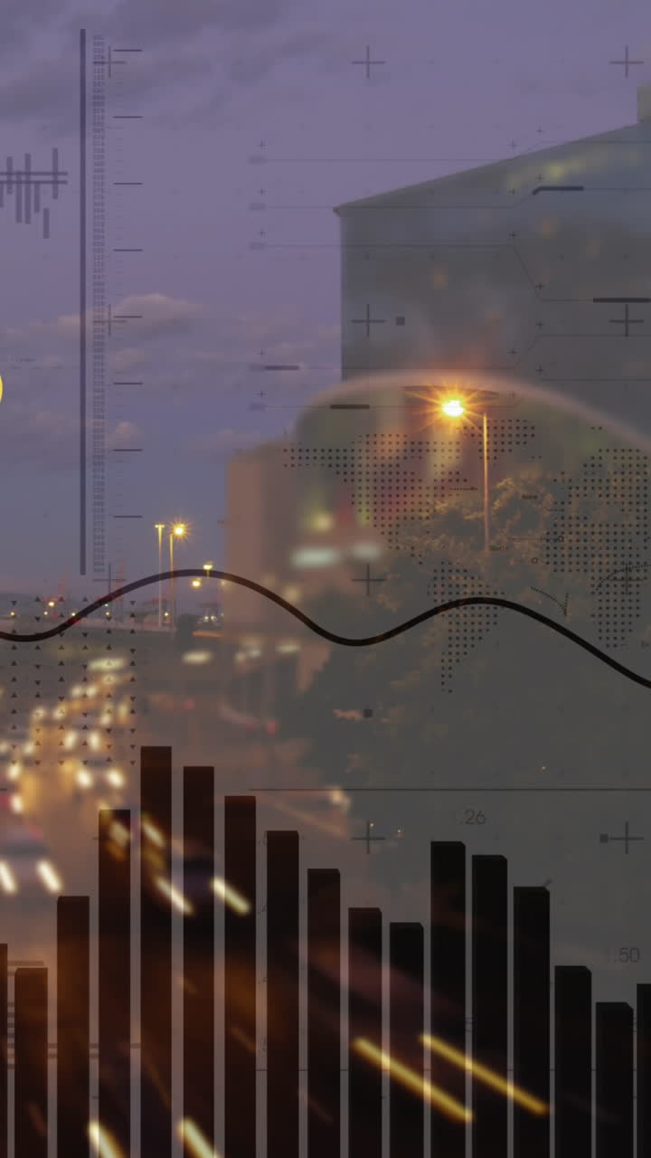 도로 표지판과 도시 풍경에 대한 금융 데이터 처리의 애니메이션