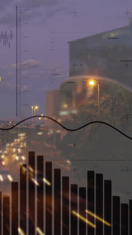 animación del procesamiento de datos financieros sobre señales de tráfico y paisaje urbano