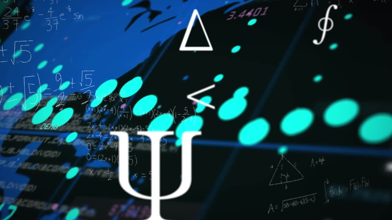 검은 바탕에 세계 지도 위에 떠다니는 수학적 방정식과 기호의 애니메이션