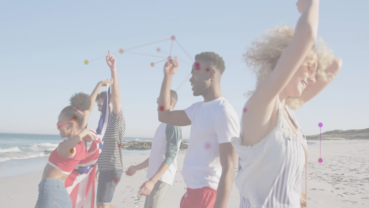 five adults dancing along beach, showing marketing charts with animated bar graphs and flag icon