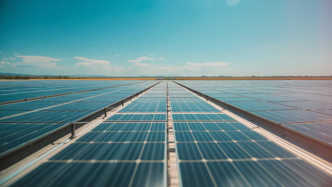 Movimento della telecamera e inclinazione verso l'alto in un parco solare, variazione dell'angolo del sole che mostra il lens flare sui pannelli
