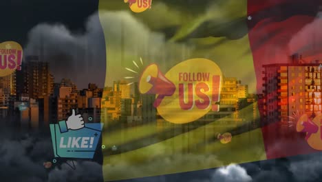 Animation-Der-Flagge-Frankreichs,-Die-über-Dem-Stadtbild-Weht,-Und-Text-Folgen-Sie-Uns-Und-Liken-Sie-Online-Nachrichten