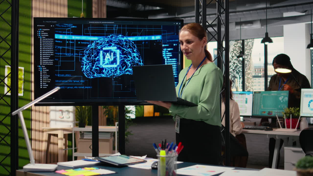 Vertical Video Female entrepreneur works with neural networks for analytics