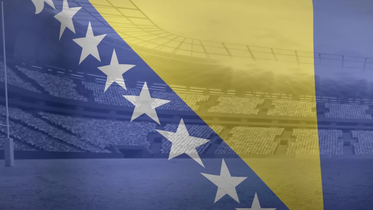 Animazione della bandiera della Bosnia ed Erzegovina sopra uno stadio sportivo