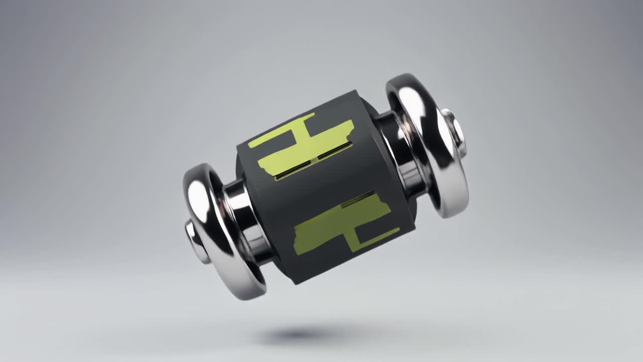Abstraktní 3D animovaný futuristický mechanismus rotující na šedém pozadí