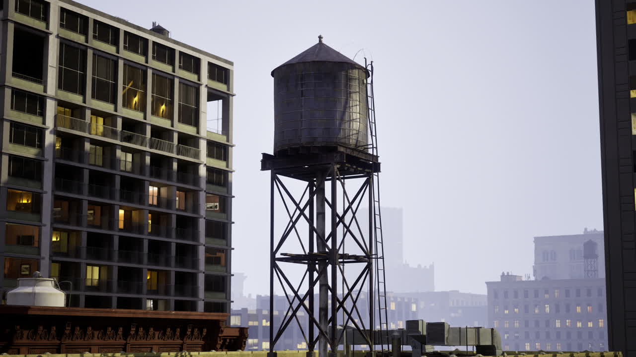 Histórica torre de agua se alza imponente contra un moderno paisaje urbano al atardecer.