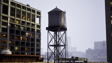 historic water tower stands tall against a modern urban landscape at dusk