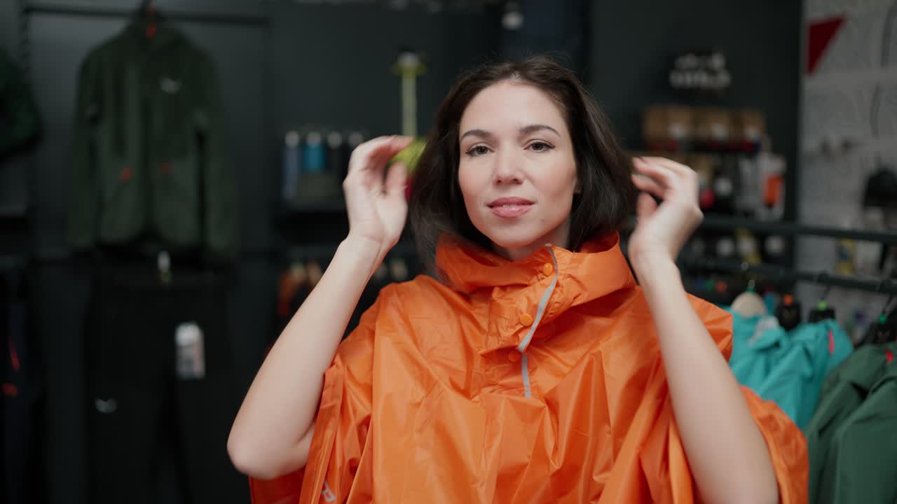 옷 가게 에서 스포츠 재 ⁇  을 입으려고 하는 젊은 여자