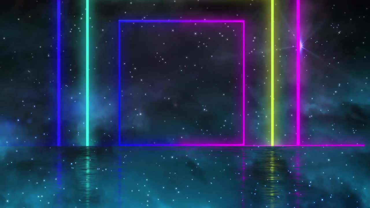 Digital animation of colorful neon squares against shining stars on black background