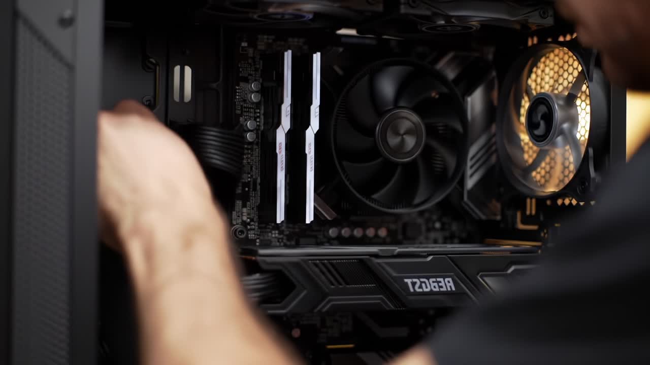 Assembling a Computer: Step-by-Step Overview of Installing Components in a PC Case with Focus on Cooling Fans and Memory Modules