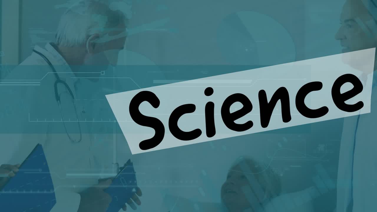 Animation of data processing and science text over caucasian doctors