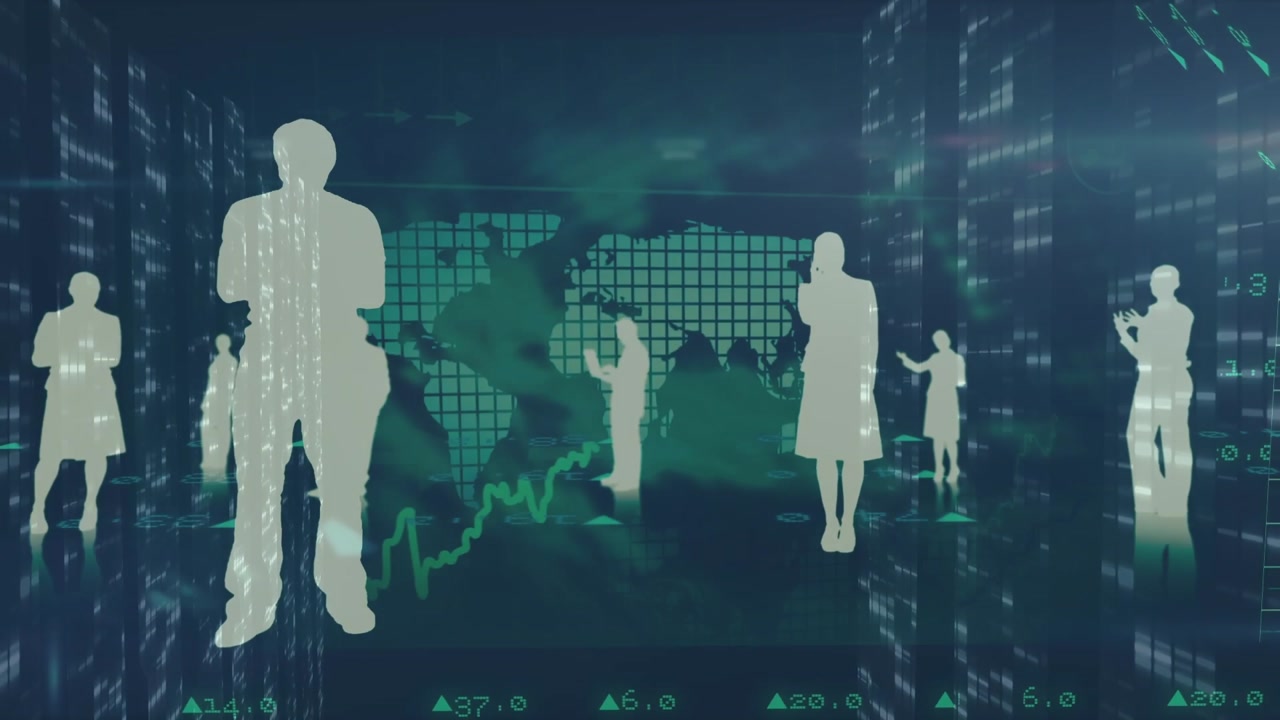 Animation of data processing and world map over business people