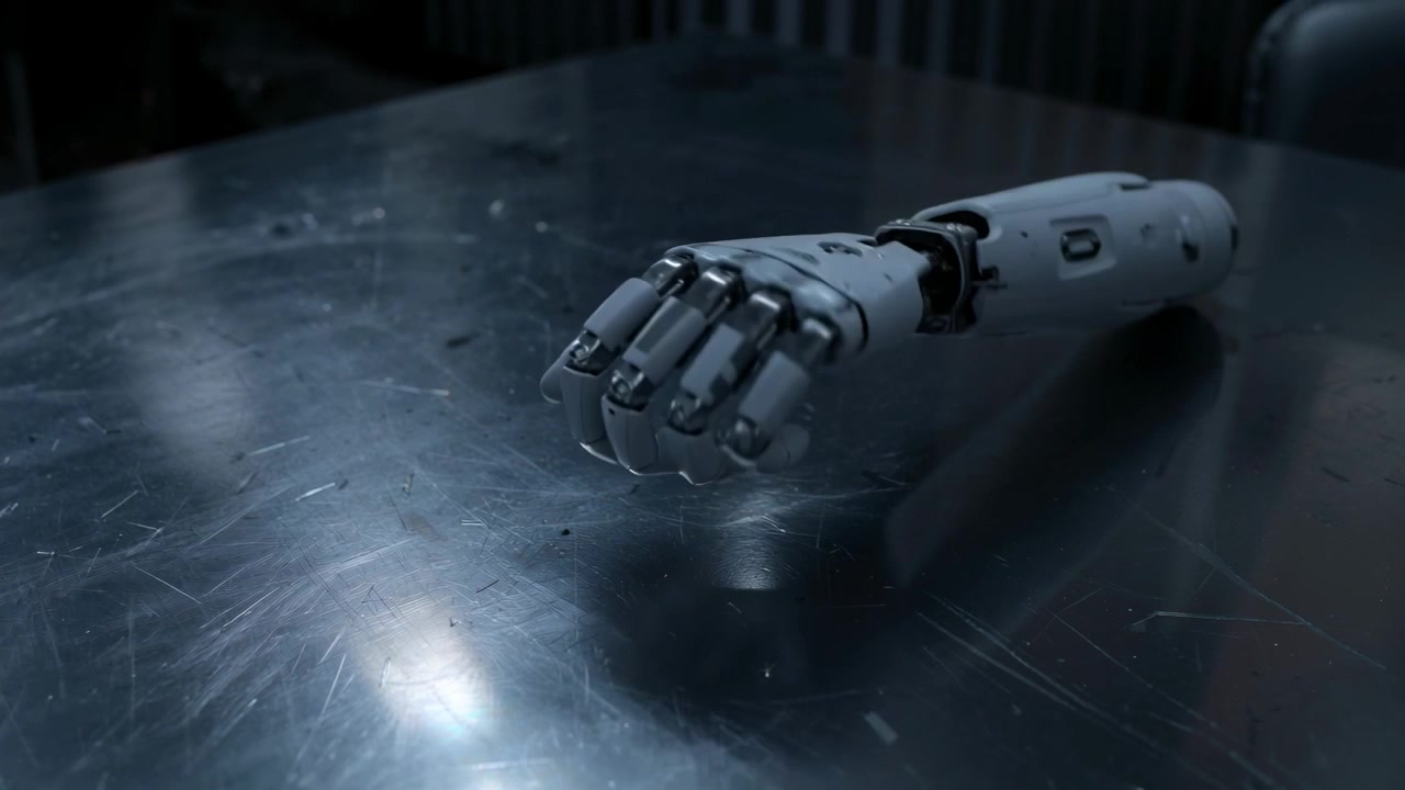 Receiving power pulse prosthetic hand lifting fingers, curling, pointing on steel table for testing