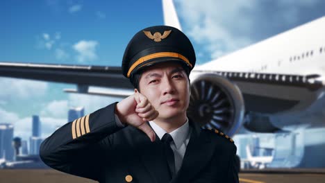 close up of asian man pilot showing thumbs down gesture to camera while standing in airfield with airplane on background