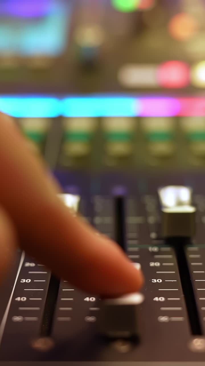 Primo piano verticale di un dito che scorre un fader verso il basso su una console di missaggio professionale con LED bokeh colorati, riducendo il volume per l'audio dal vivo.