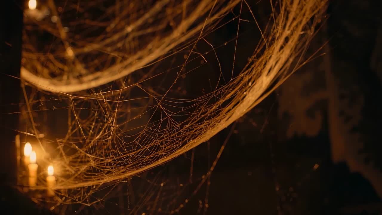 Flickering flame from candle cluster causing cobweb glistening in dim chamber, highlighting dust