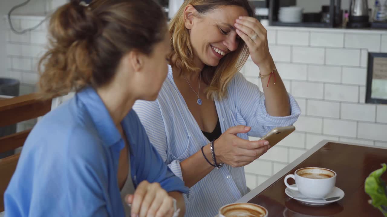 Two Women Enjoying Coffee and Mobile Phones in a Cafe