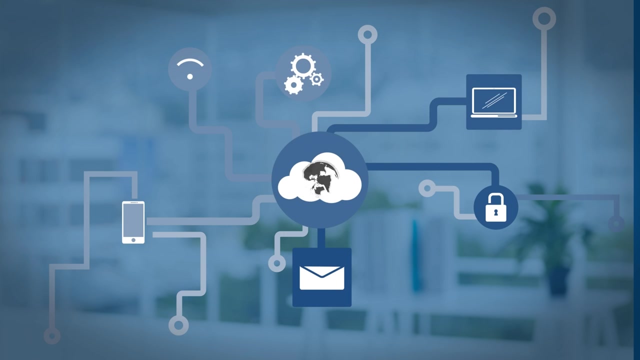 Animation of globe and network of connections with icons over empty office