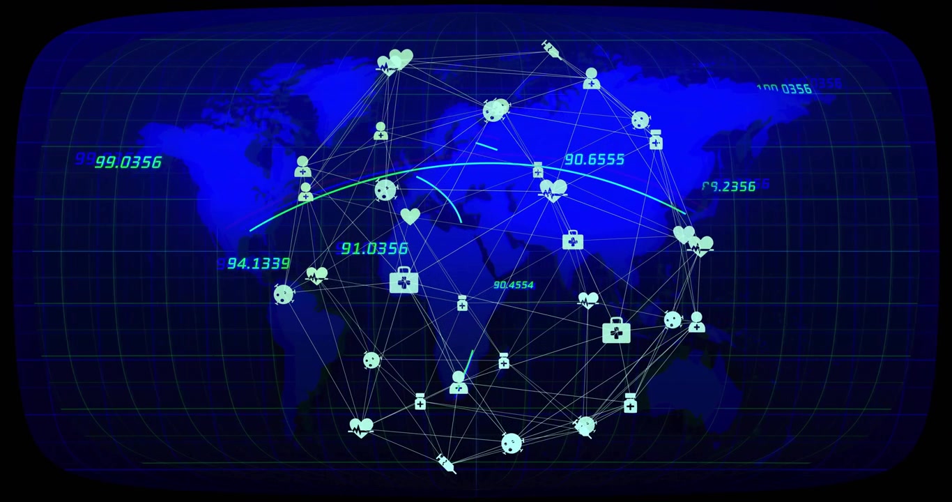Glowing sphere rotating and tracing arcs after labels appearing, illustrating medical social links