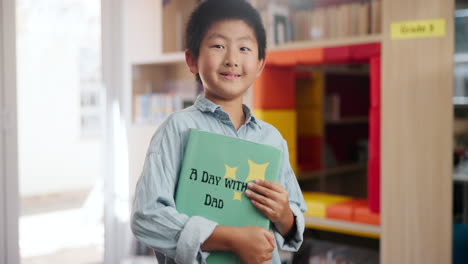 a young boy with a book in the library