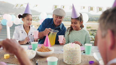 grandfather, birthday and girl in park with juice