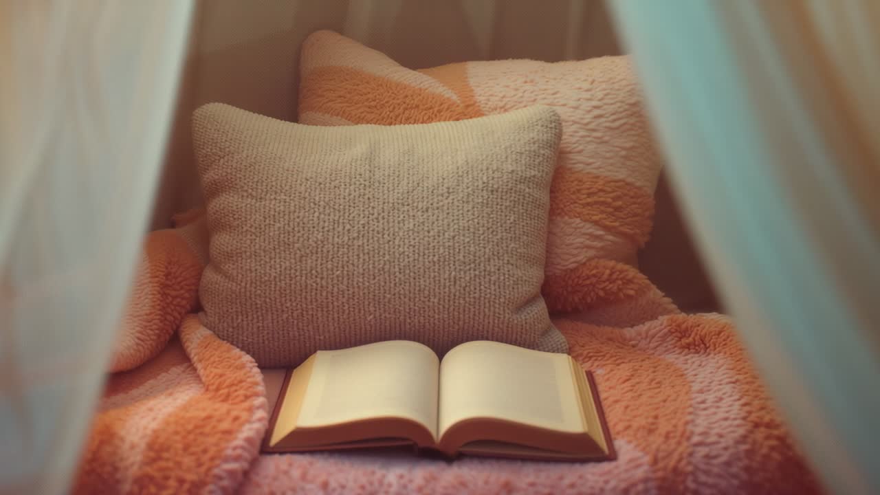 Shifting sunlight through sheer curtains illuminating open book on peach blanket in reading nook
