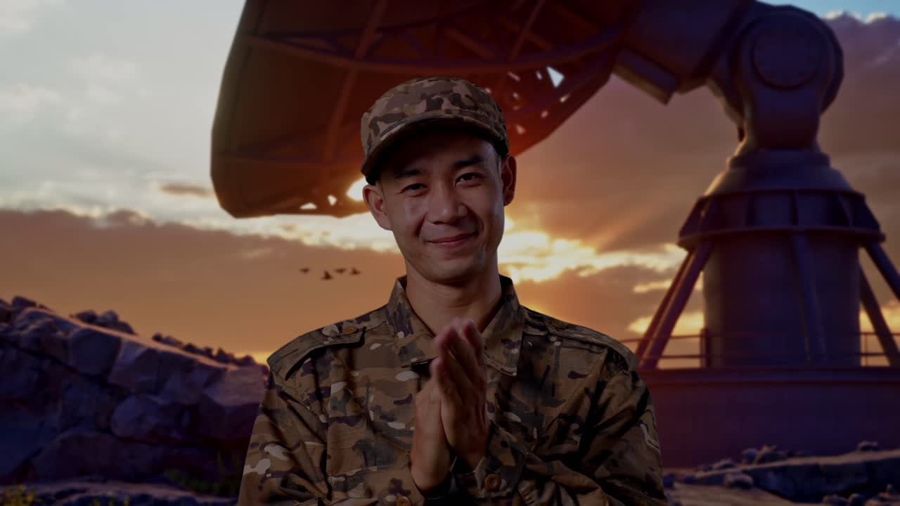 Close Up Of Asian Man Soldier Smiling And Clapping His Hands While Standing With Satellite Dish