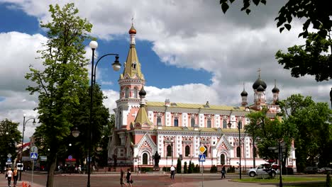 grodno, belarus. cathedral of intercession of most holy theotokos in street e. ozheshko. another name is pokrovsky cathedral or cathedral in honor of protection of blessed virgin