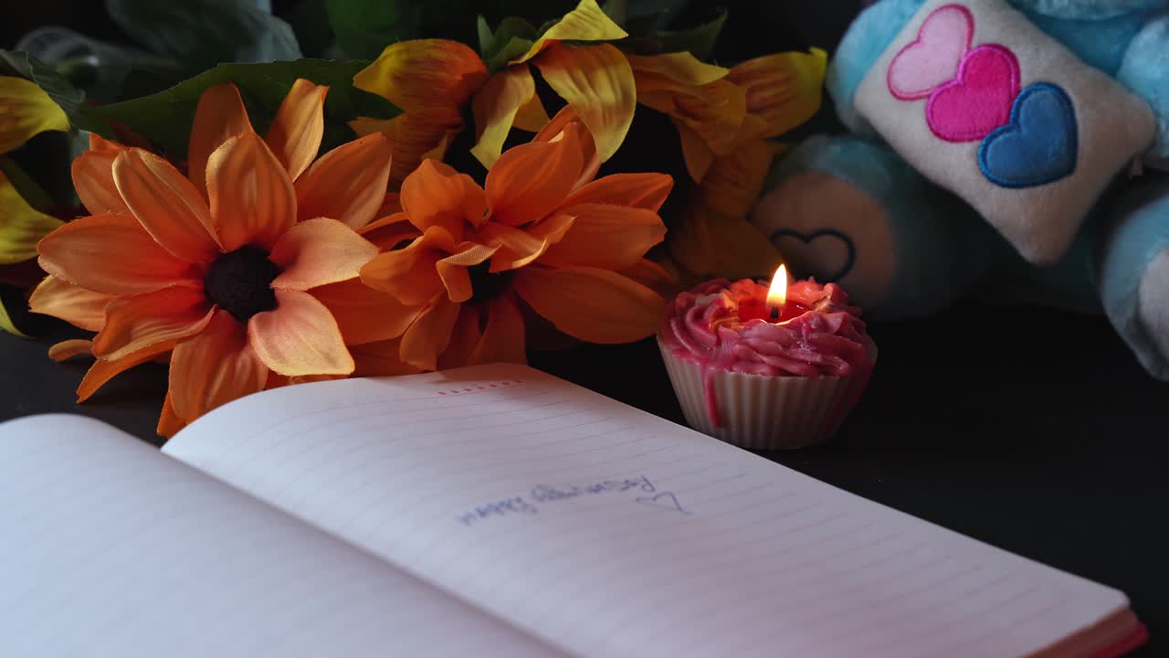 Moody Valentine still life with blue teddy bear and heart pillow, orange flowers, lit cupcake candle, and open notebook showing a faint love note on a dark tabletop in low light