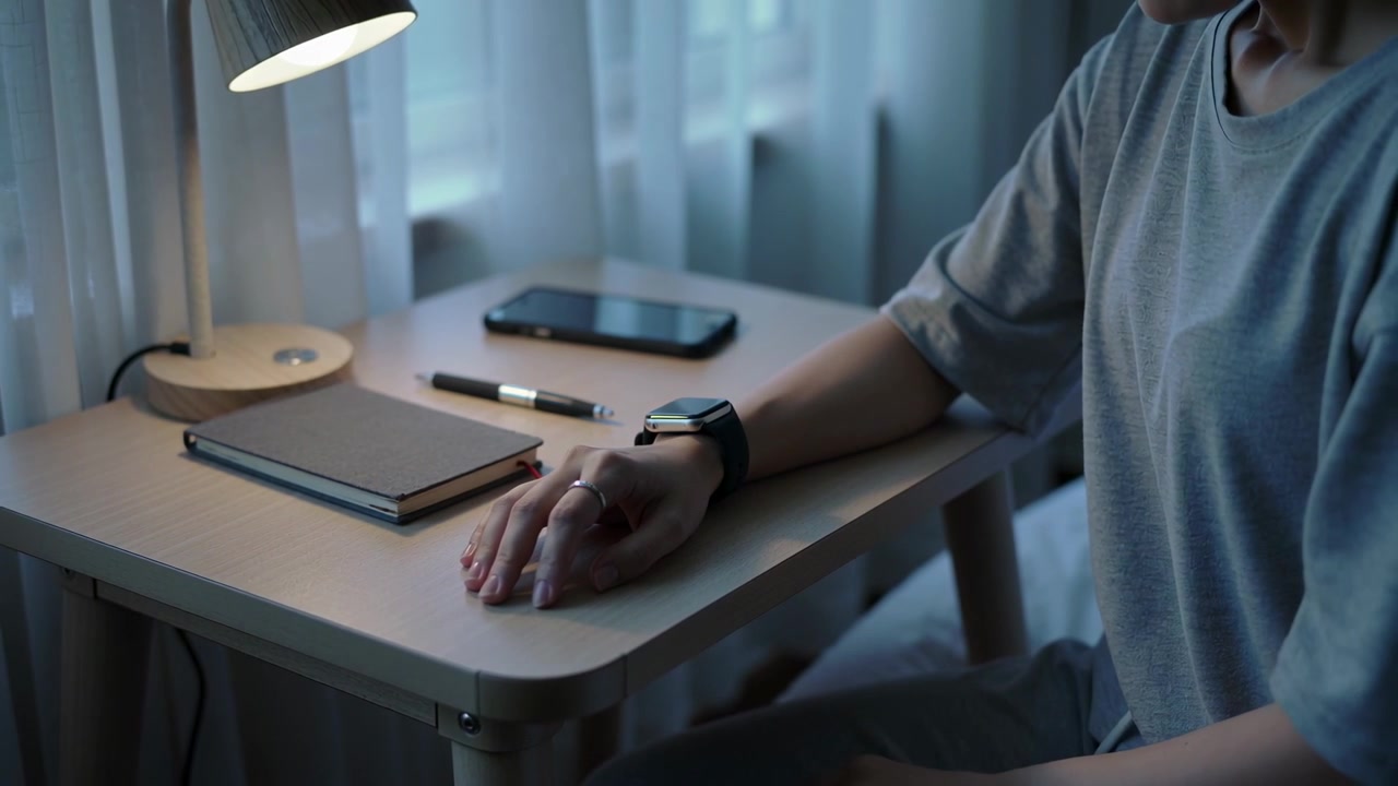 Noticing ring tightness, woman in grey tee adjusting left hand at bedside table, with smartwatch