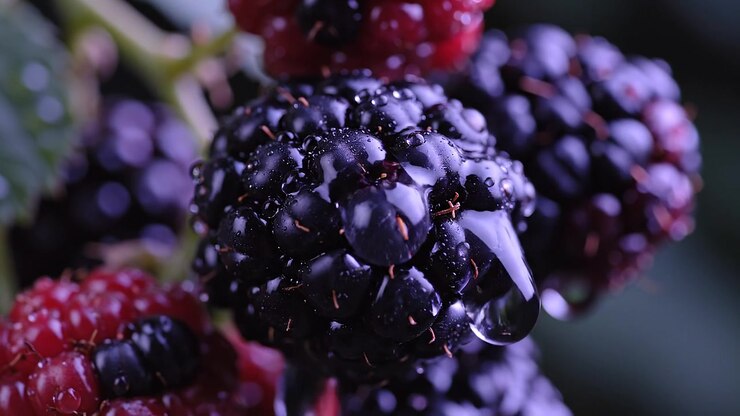 Fresh blackberries being washed under a stream of water