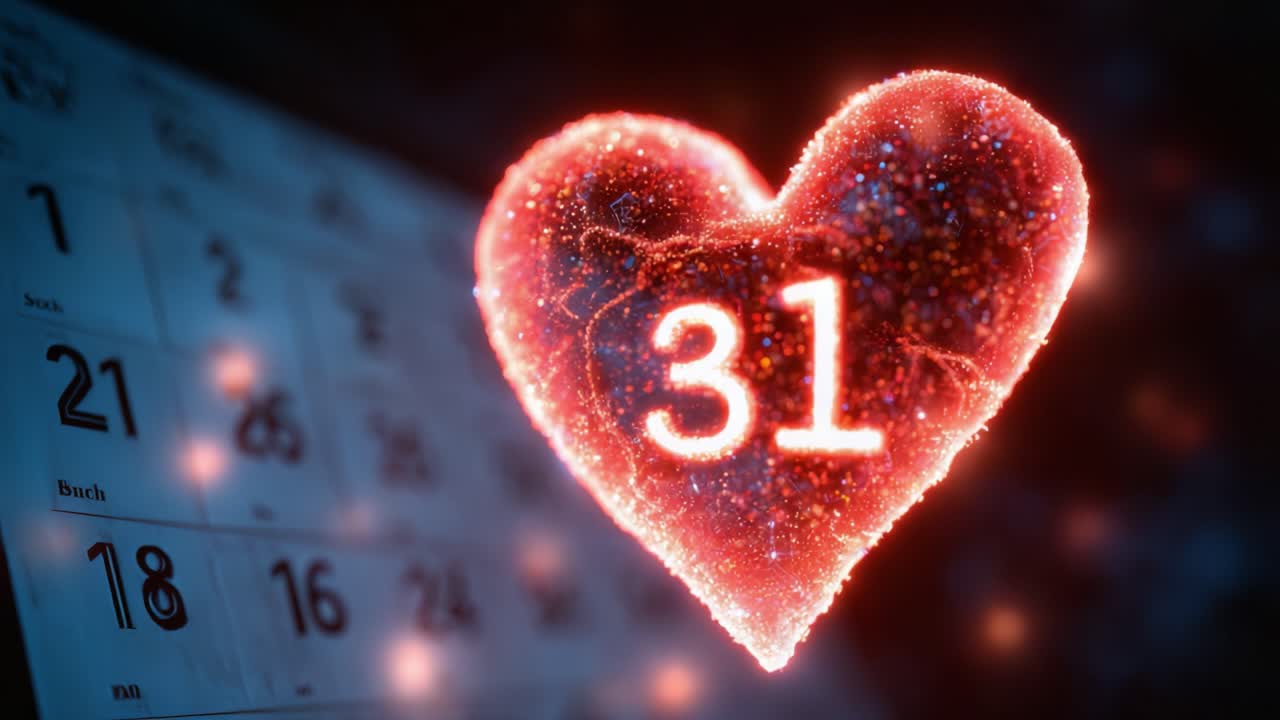 Un cuore rosso scintillante che incornicia il numero 31, a simboleggiare amore e festa, sullo sfondo di un calendario pieno di date importanti