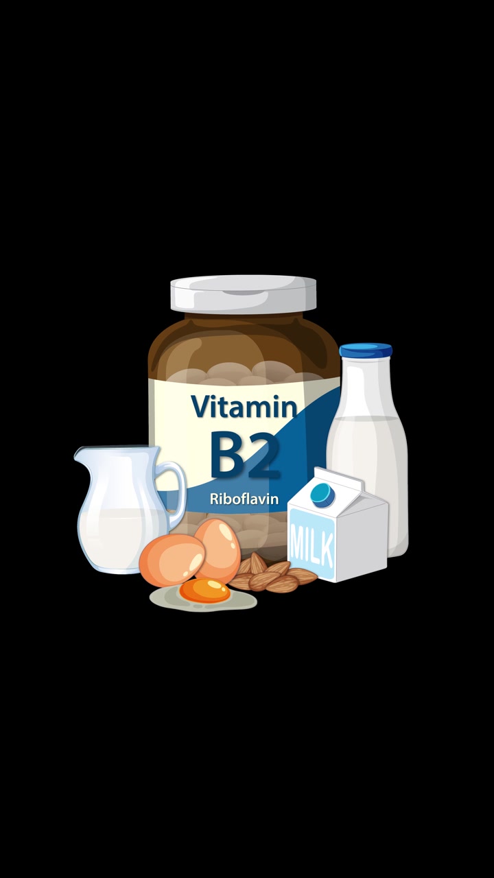 Botol Vitamin B2 muncul bersama telur, susu, dan kacang-kacangan dengan latar belakang hitam, transisi yang mulus.
