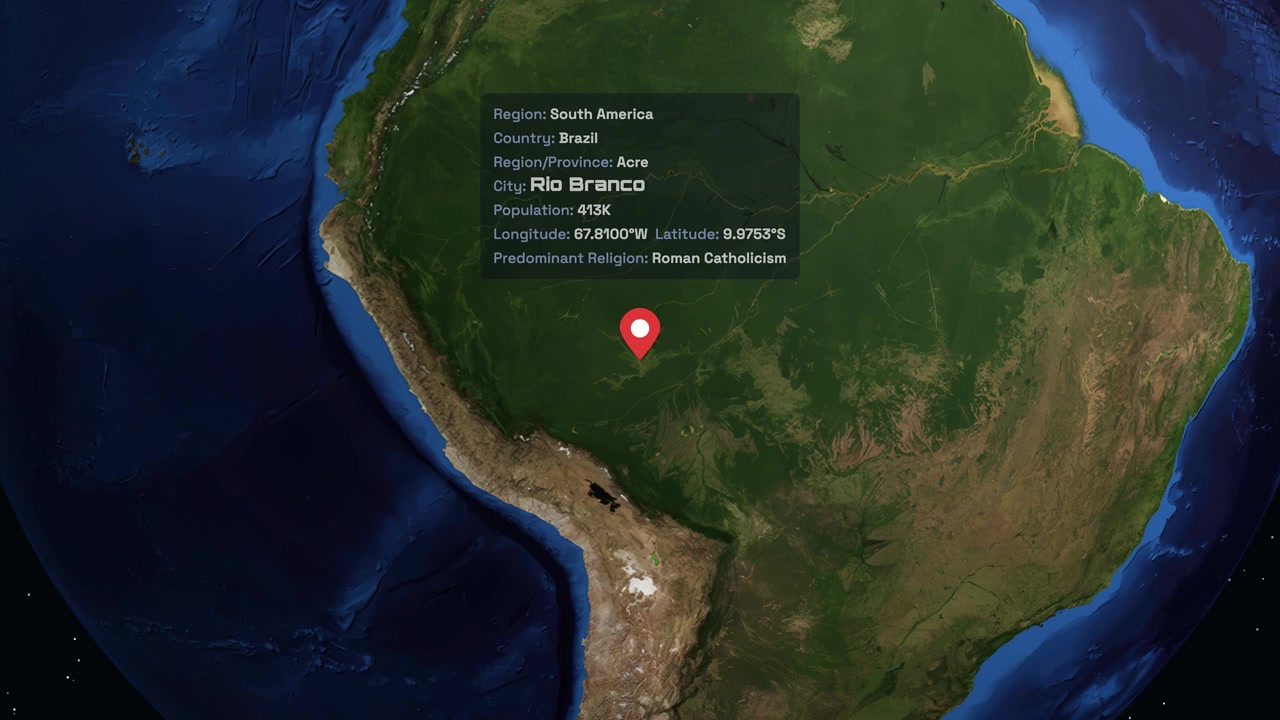 Digital globe rotates and zooms into South America, pinpointing Rio Branco with informational text overlay