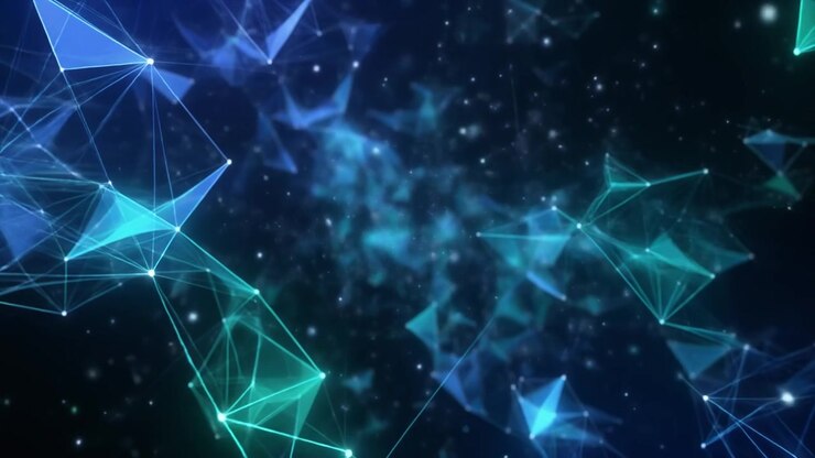 Connessione di rete digitale astratta con particelle luminose blu e verdi.