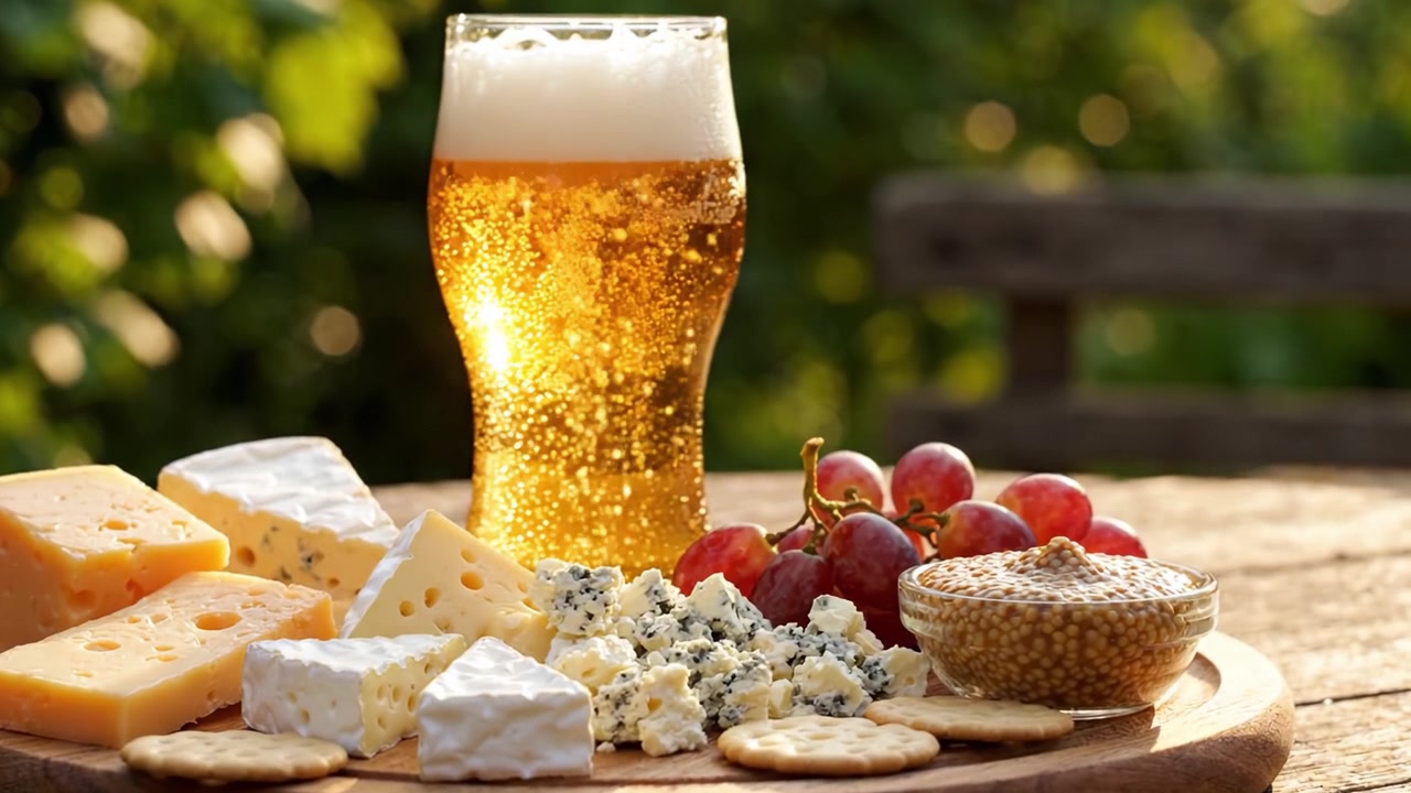 Un abbondante tagliere di formaggi abbinato a birra rinfrescante e uva fresca, perfetto per riunioni all'aperto e picnic sotto il sole.