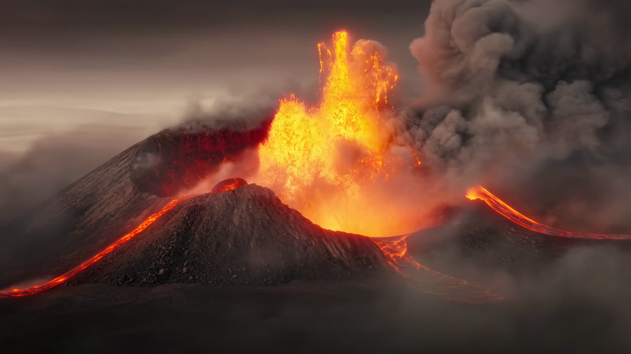 Eruzione vulcanica con lava che scorre e nuvole di cenere