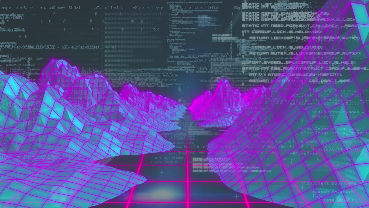 Animation of data processing over digital mountains on black background