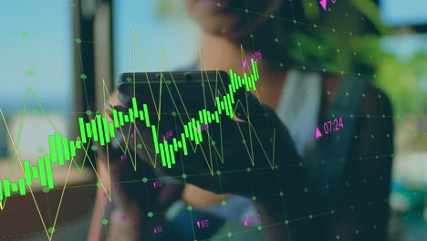 Animation-of-multiple-graphs-with-changing-numbers-over-biracial-woman-typing-on-smartphone