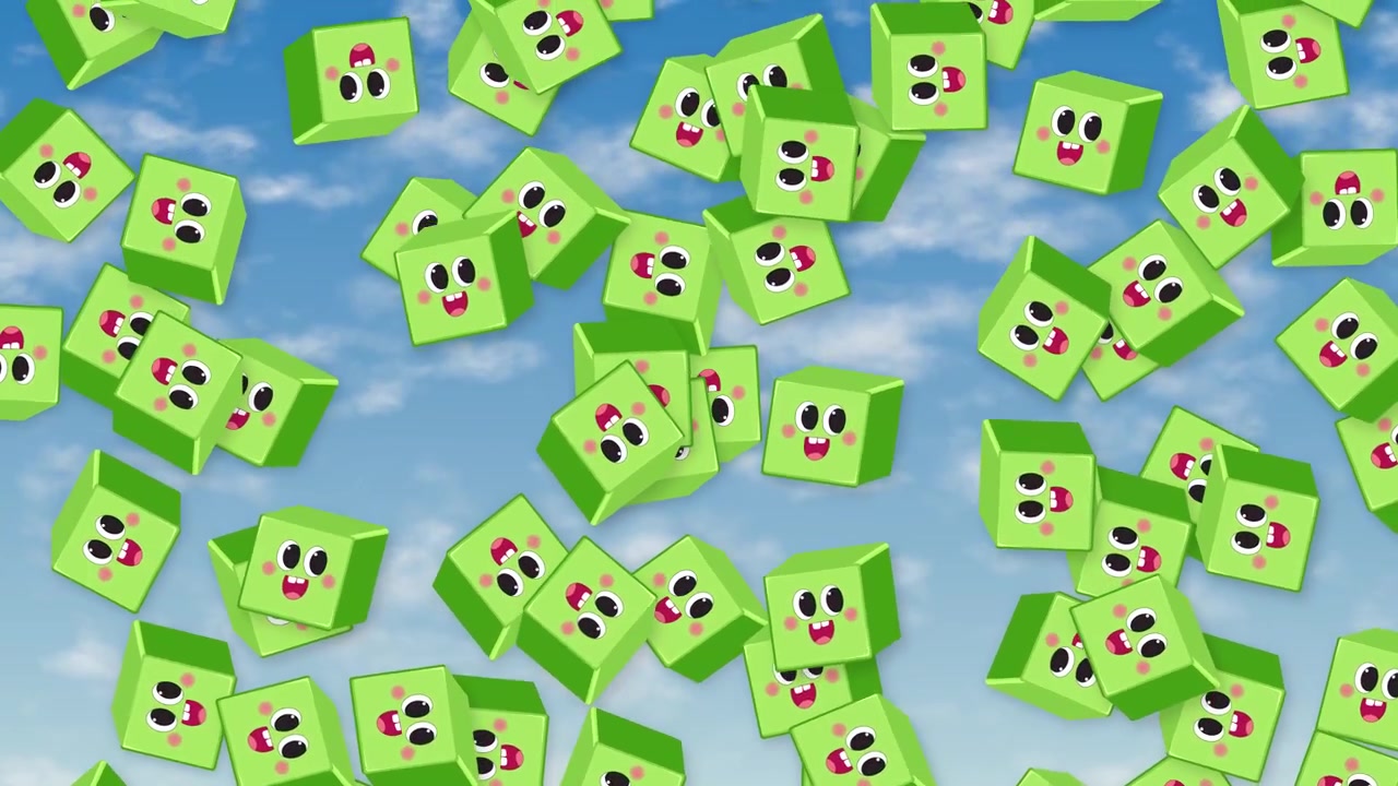 Whimsical green character cubes fall continuously through a bright blue sky with soft white clouds.