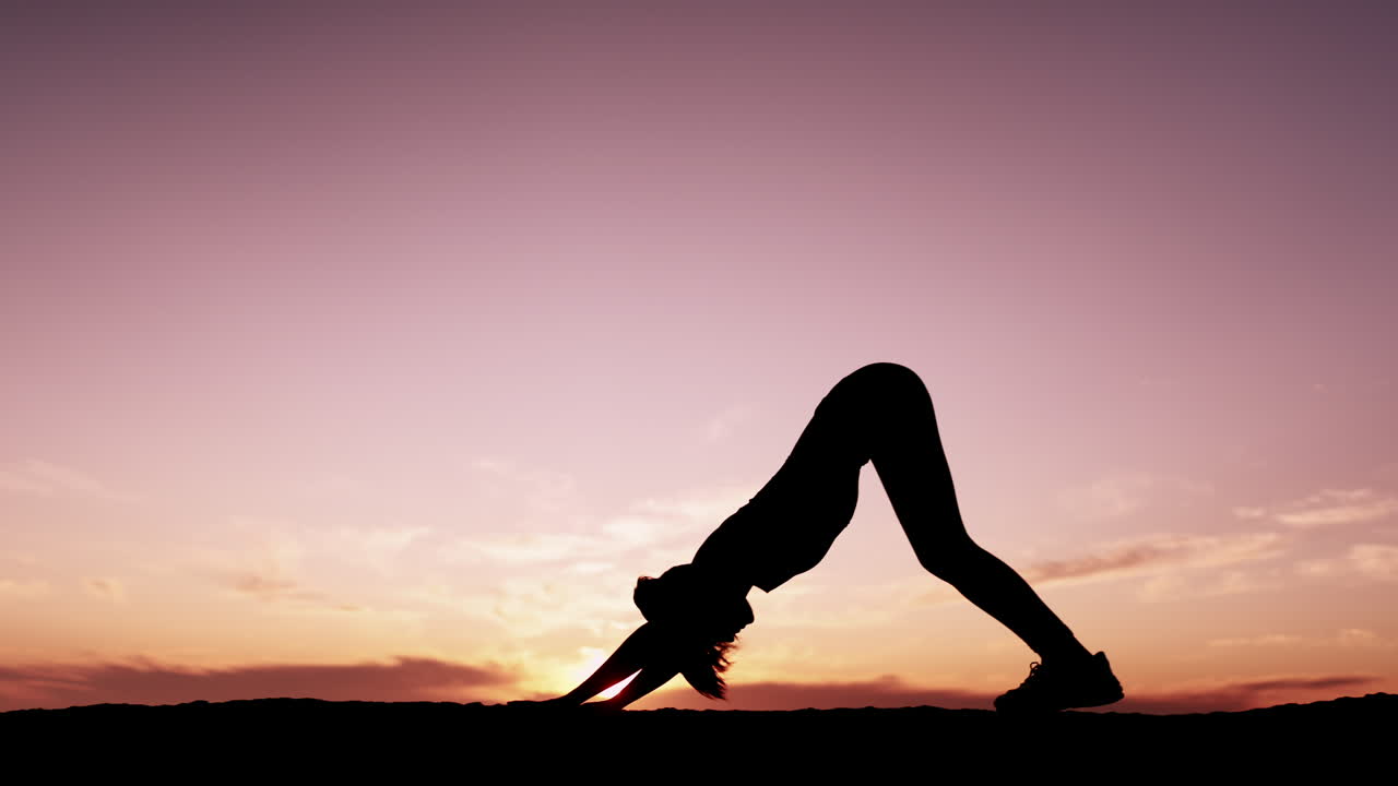Yoga, sunset and silhouette of a woman outdoor