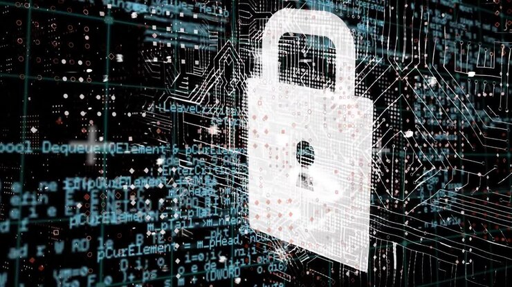 Animation of padlock, with computer motherboard and data processing, on black