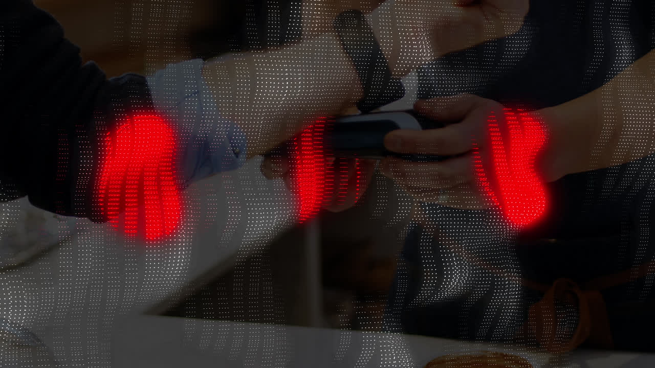 카페에서 스마트 워치로 지불하는 손 위의 모양의 애니메이션