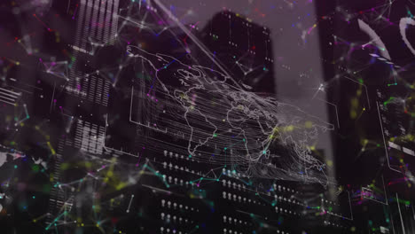 Animation-Eines-Netzwerks-Von-Verbindungen-Mit-Einer-Weltkarte-über-Dem-Stadtbild